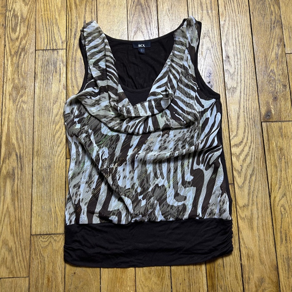 Y2K BCX Womens Brown Zebra Print‎ Cowl Neck Tank Top Metallic Accents Size M